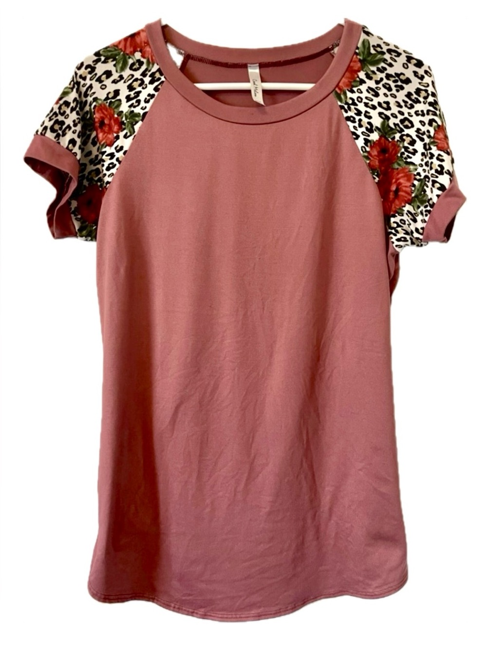 Whimsygoth Leopard Cheetah Rose Floral Tunic Raglan Tee Mauve Pink Short Sleeve